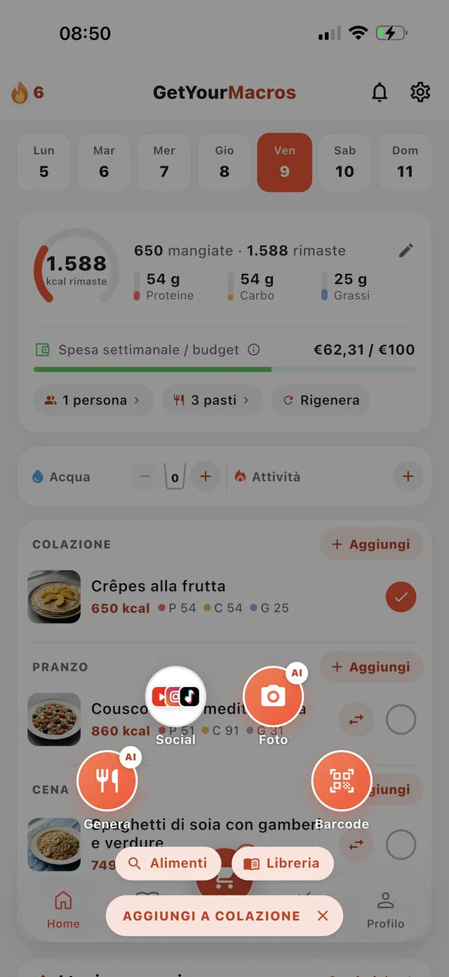 Home dell'app con il menu per aggiungere un pasto: foto con AI, codice a barre, social, Genera, alimenti e libreria.