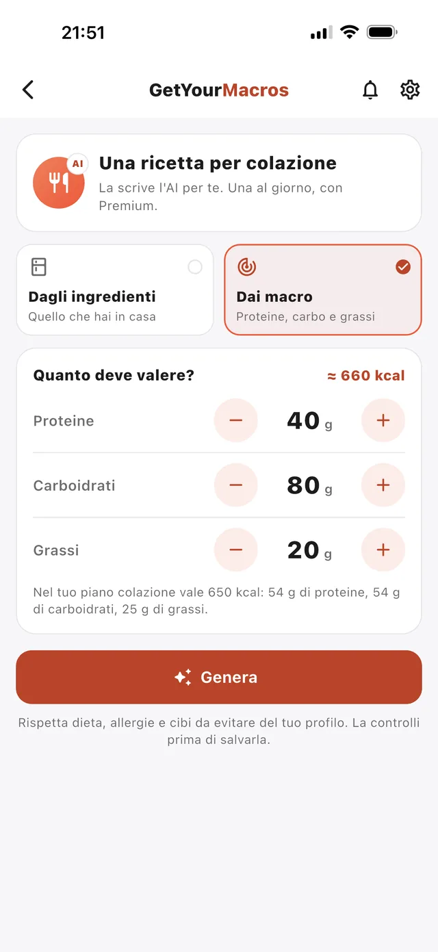 La scheda Dai macro di GetYourMacros: Quanto deve valere? con Proteine 40 g, Carboidrati 80 g, Grassi 20 g, circa 660 kcal e il pulsante Genera.