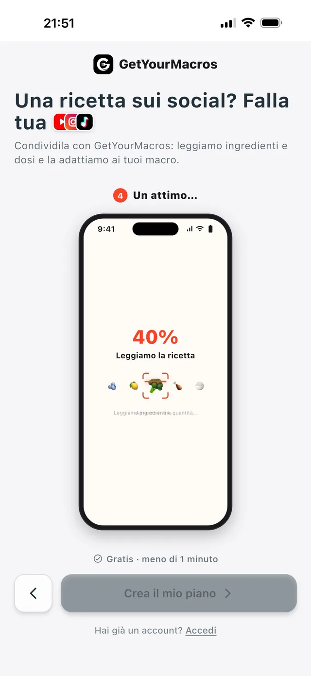 The GetYourMacros Reading the recipe screen at 40%, with ingredient icons (Italian interface).