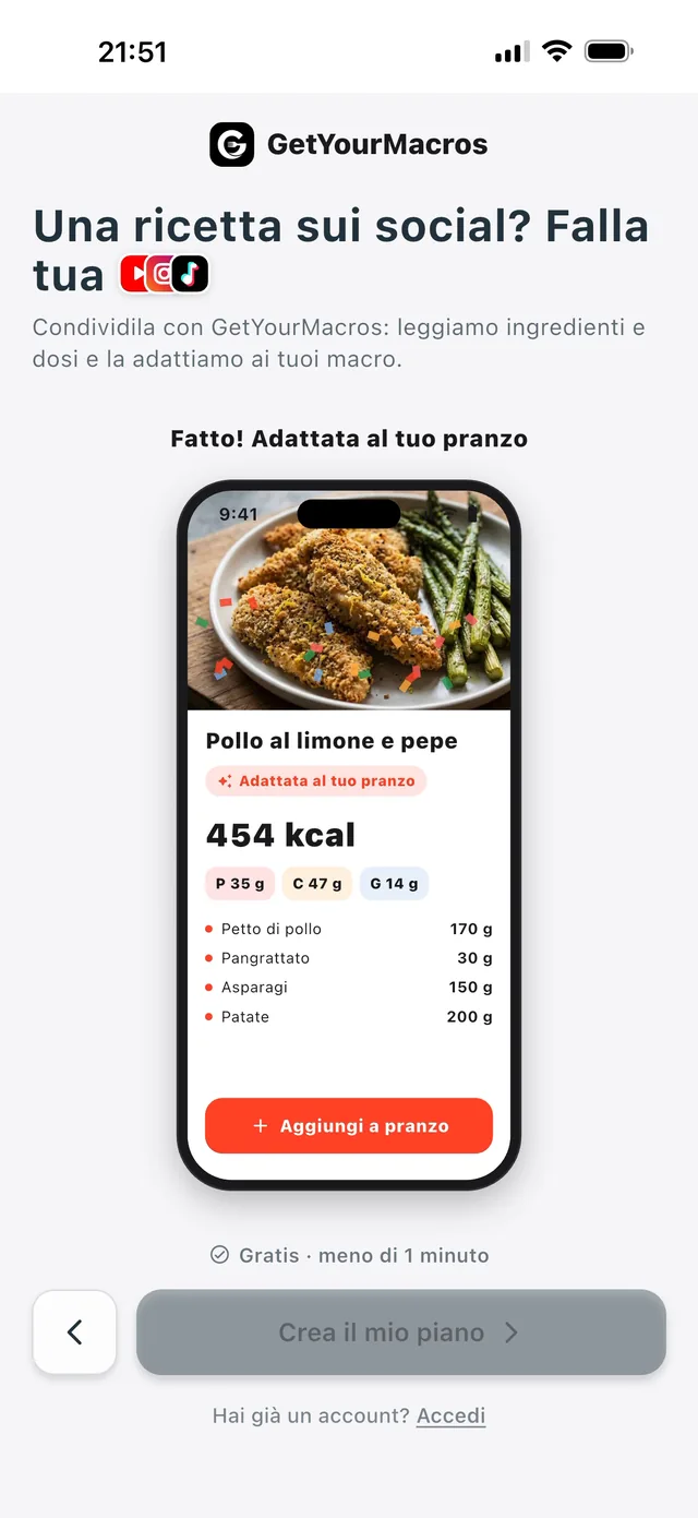 Imported recipe, lemon pepper chicken: 454 kcal, 35 g protein, 47 g carbs, 14 g fat, ingredients in grams and the Add to lunch button (Italian interface).