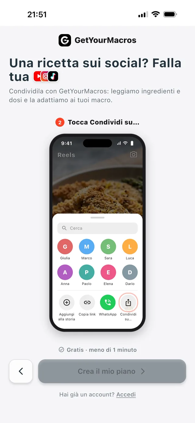 An Instagram reel's Share menu with the Share to… icon highlighted, in the GetYourMacros app demo (Italian interface).