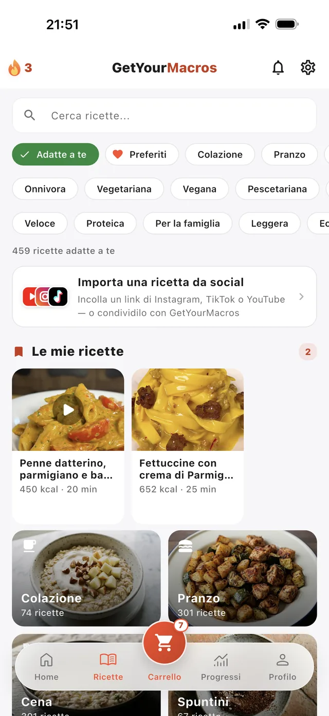 La libreria ricette di GetYourMacros, con l'import dai social