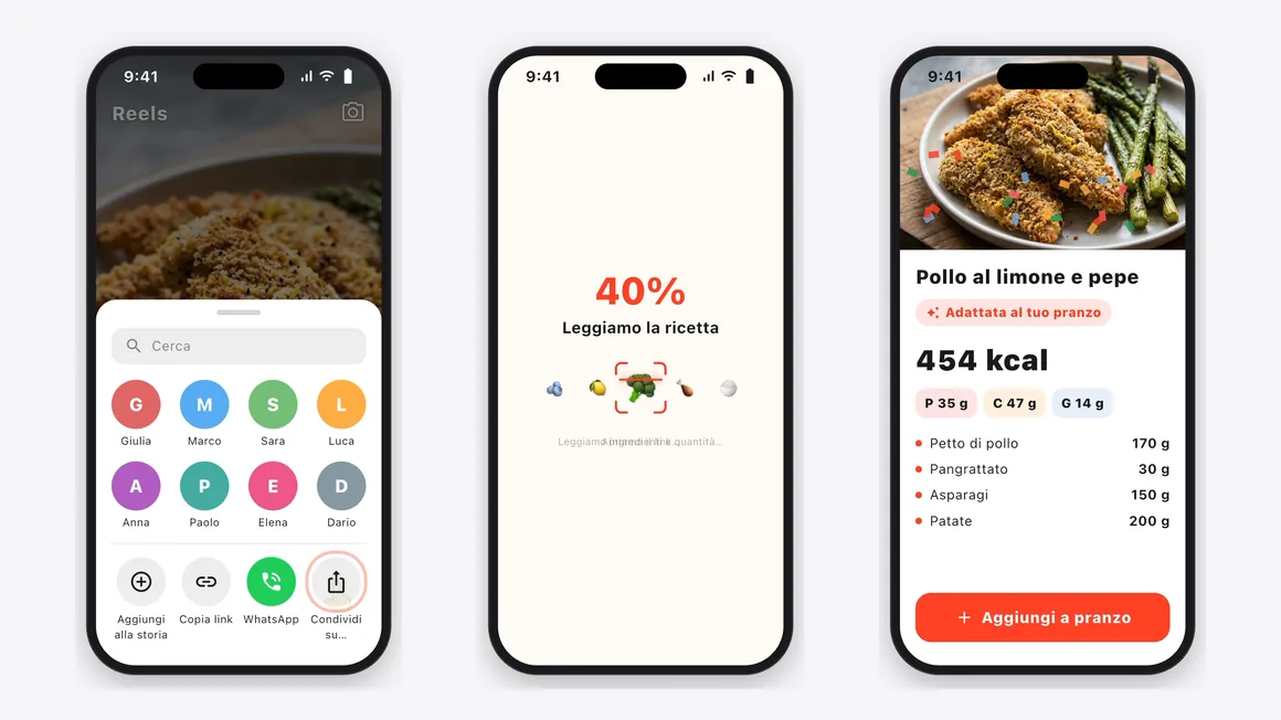 Three GetYourMacros screens, in Italian: the Share menu of an Instagram reel, the recipe being read at 40% and the imported lemon pepper chicken with 454 kcal and its macros.