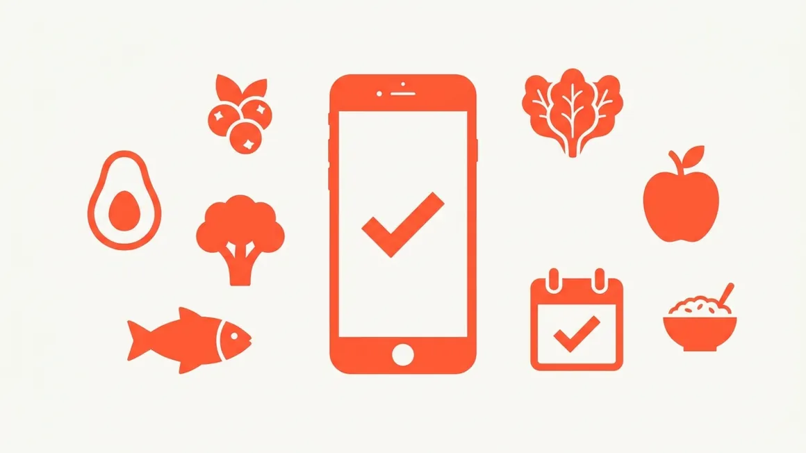 Uno smartphone con un segno di spunta circondato da cibo e un calendario.
