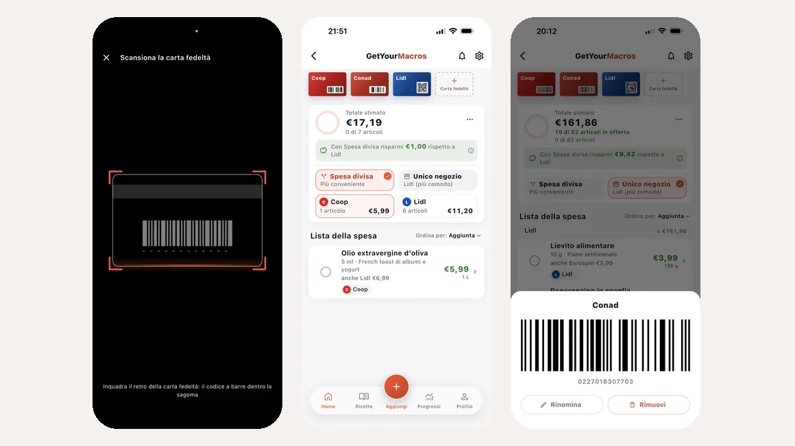 Tre schermate dell'app GetYourMacros: la scansione della carta fedeltà, la fila di carte in cima alla lista della spesa e il codice a barre della carta Conad a schermo intero.