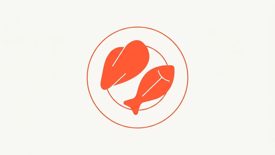 Minimalist illustration of a chicken breast and a fish fillet.