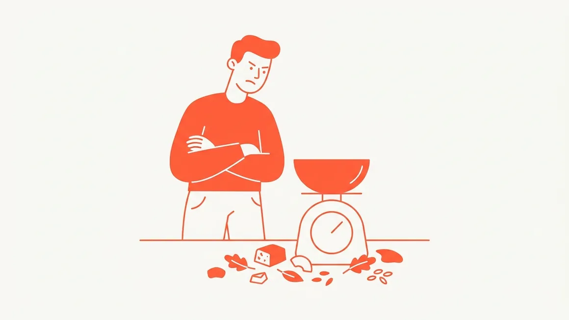Illustrazione di una persona frustrata che fissa una bilancia da cucina con del cibo.