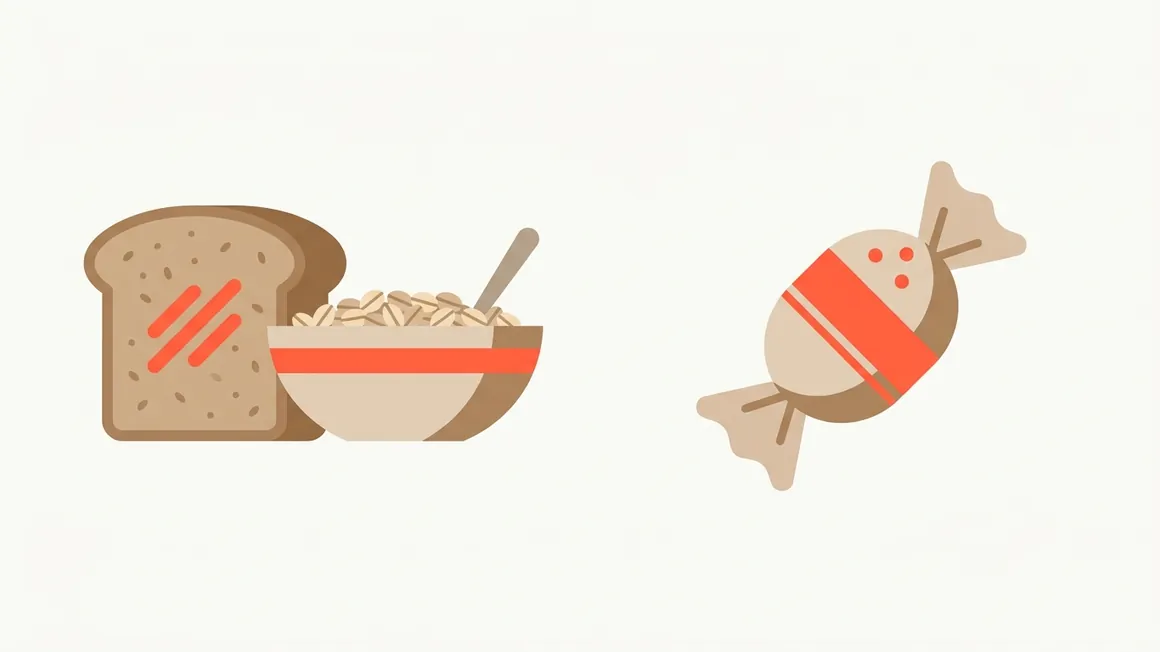 Illustrazione che contrappone pane integrale e avena a una caramella.