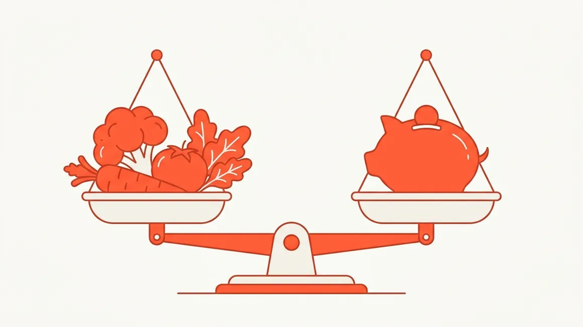 A balanced scale with fresh vegetables on one side and a piggy bank on the other.
