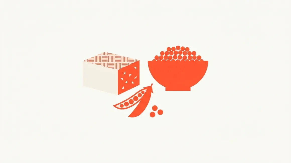 Illustrazione di un panetto di tofu, piselli e una ciotola di lenticchie.