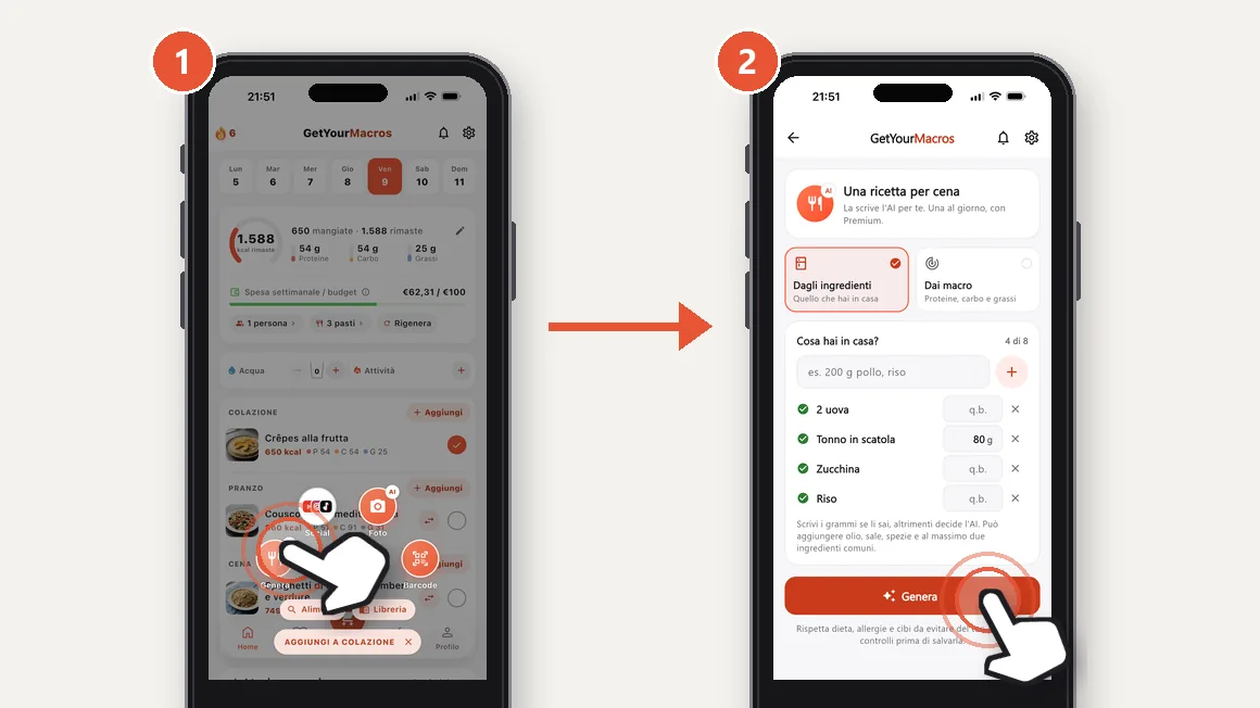 Due schermate di GetYourMacros con un dito che tocca: nella Home la ruota Aggiungi è aperta e il dito è su Genera; nella scheda Dagli ingredienti, con 2 uova, tonno, zucchina e riso già scritti, il dito è sul pulsante Genera.