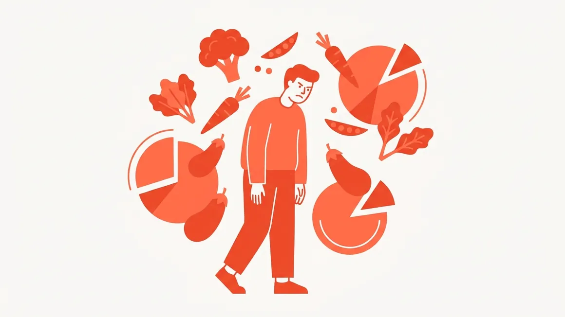 Illustrazione di una persona confusa circondata da verdure fluttuanti e grafici disordinati.