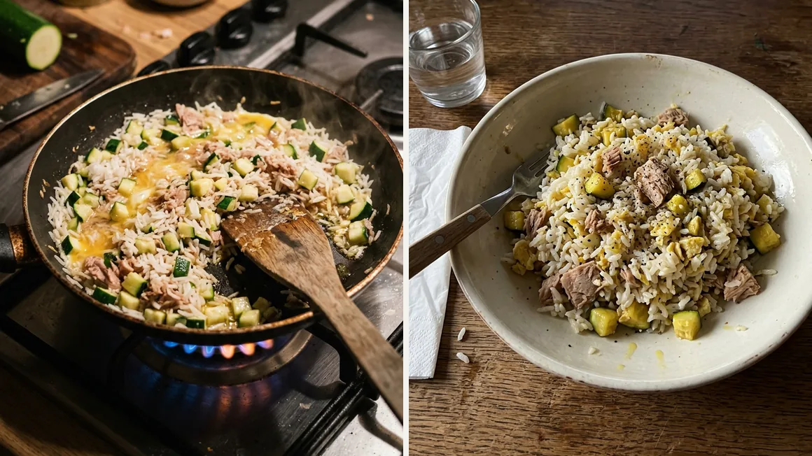 Riso saltato in padella sul fornello a gas, con zucchina a cubetti, tonno e uovo, e lo stesso piatto servito in una ciotola di ceramica con una forchetta.