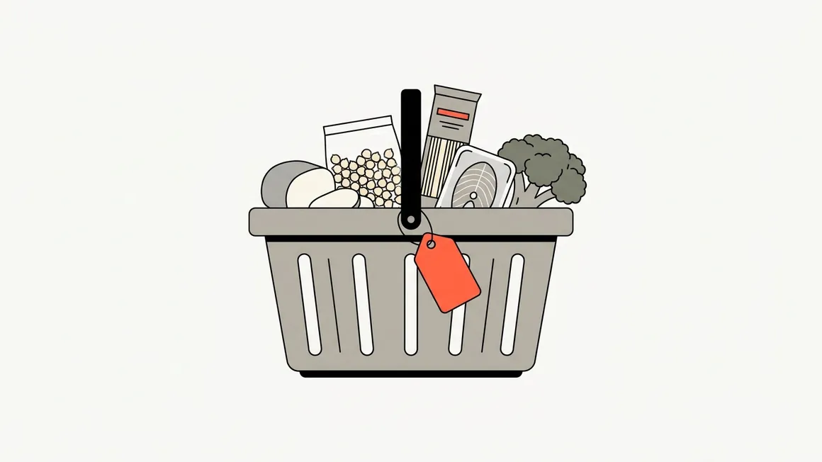 Illustration of a shopping basket holding mozzarella, dried chickpeas, pasta, a fish fillet and broccoli, with a price tag.