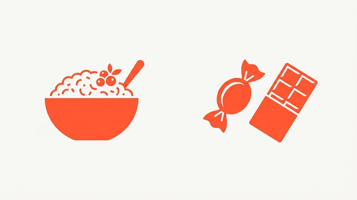 Illustrated comparison between a bowl of oats and a sweet.