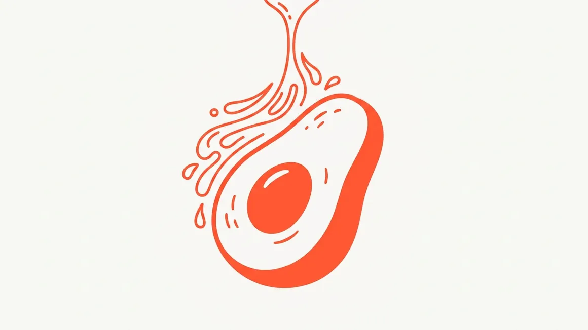 Illustration of half an avocado and a drizzle of olive oil.