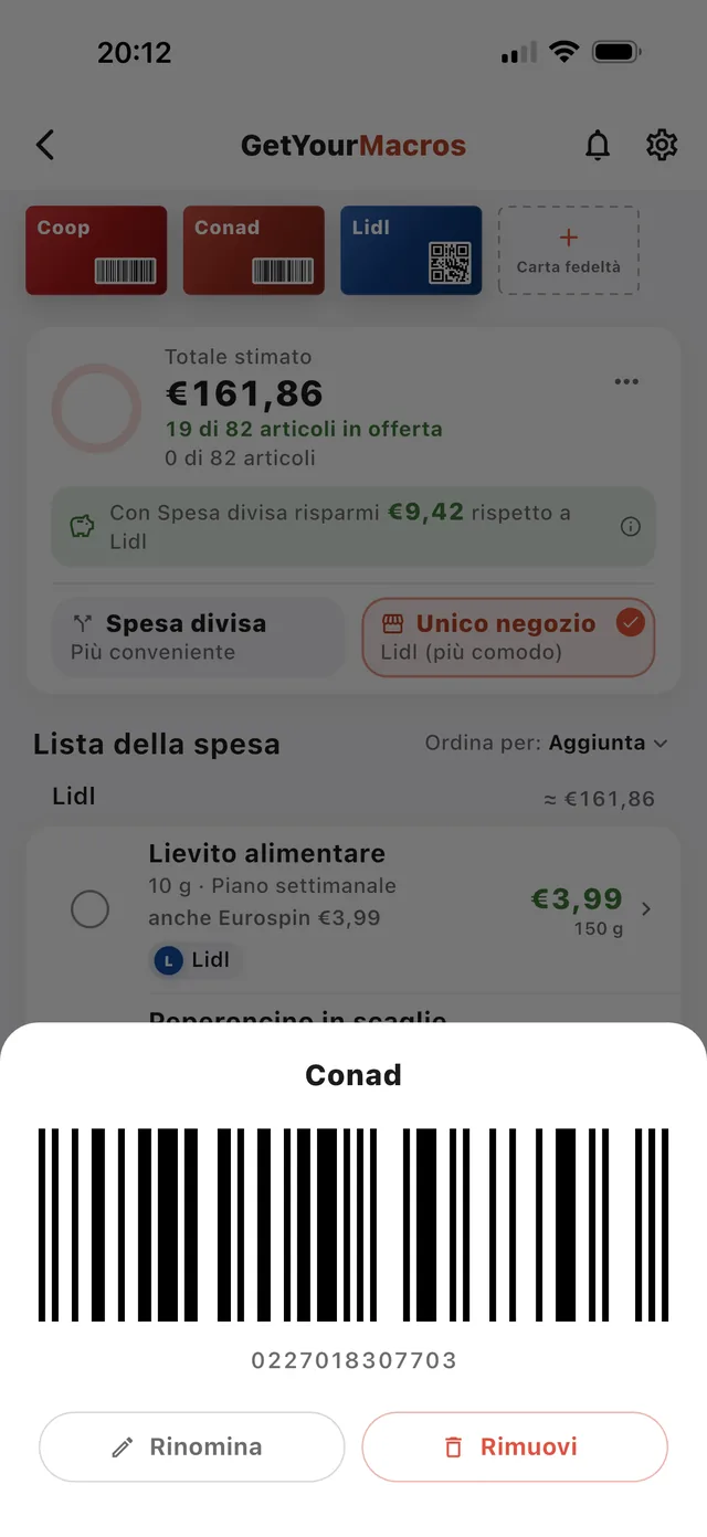 Scheda della carta Conad con il codice a barre ridisegnato, il numero e i pulsanti Rinomina e Rimuovi.