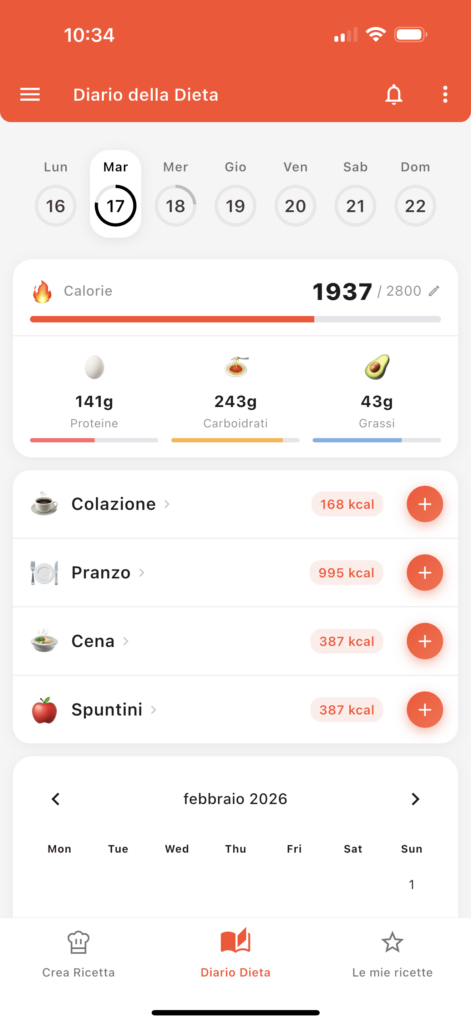 Schermata del Diario della Dieta nell’app GetYourMacros con tracciamento di calorie, proteine, carboidrati e grassi per i pasti giornalieri.