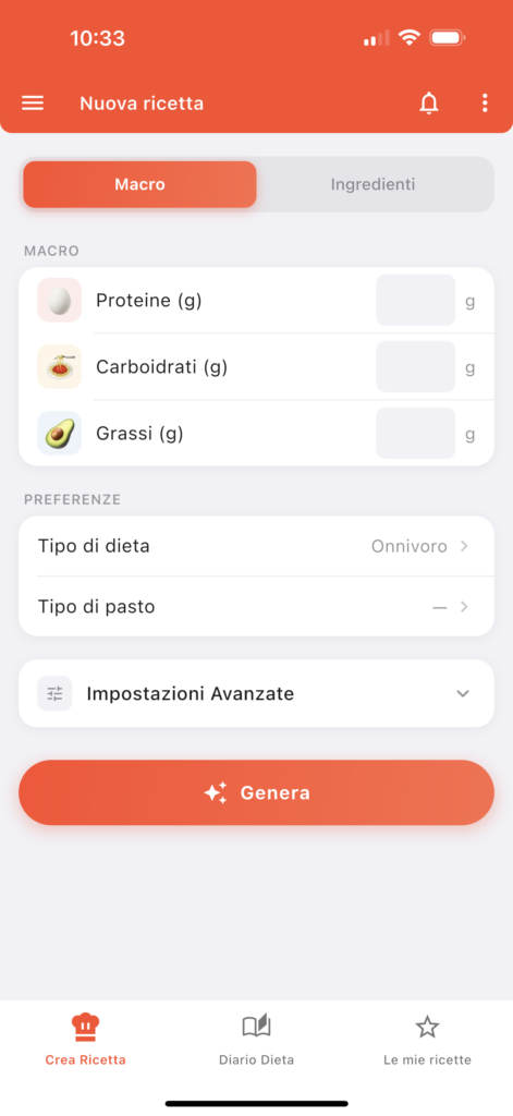 Schermata dell’app GetYourMacros per creare una ricetta dai macro inserendo proteine, carboidrati e grassi.