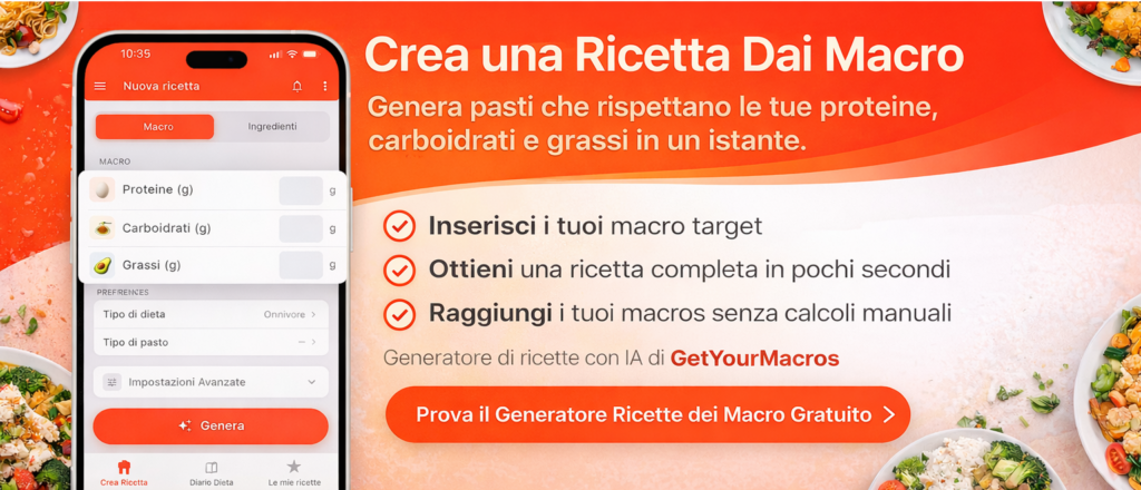 Crea una ricetta dai macro con GetYourMacros: inserisci proteine, carboidrati e grassi per generare automaticamente un pasto bilanciato.
