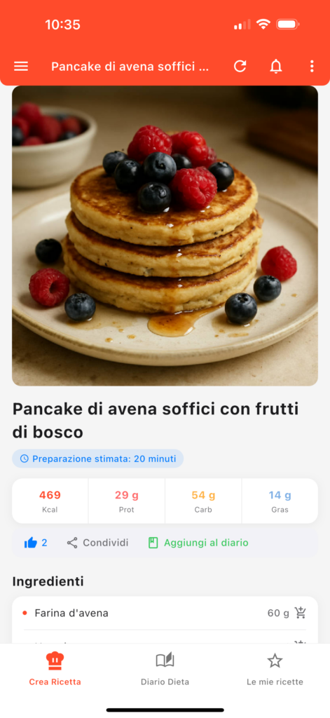 Ricetta di pancake di avena soffici con frutti di bosco nell’app GetYourMacros con calorie e macro (proteine, carboidrati e grassi).